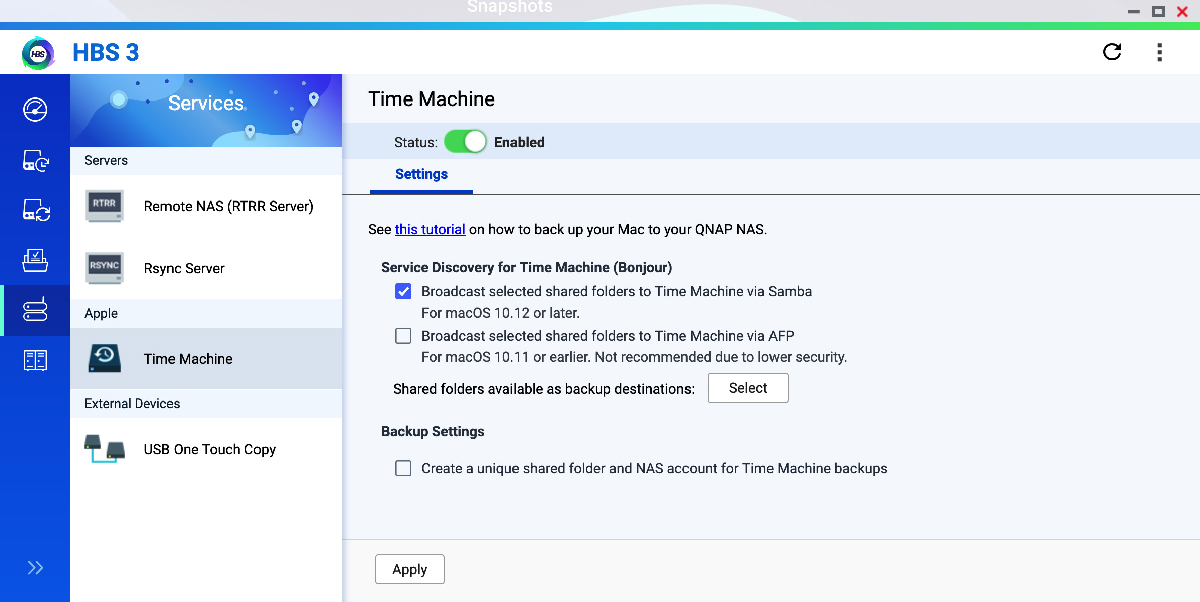 HBS 3でTime Machine連携を有効化した設定画面