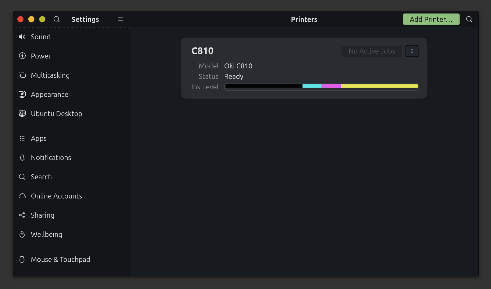 C810dnが登録された設定画面